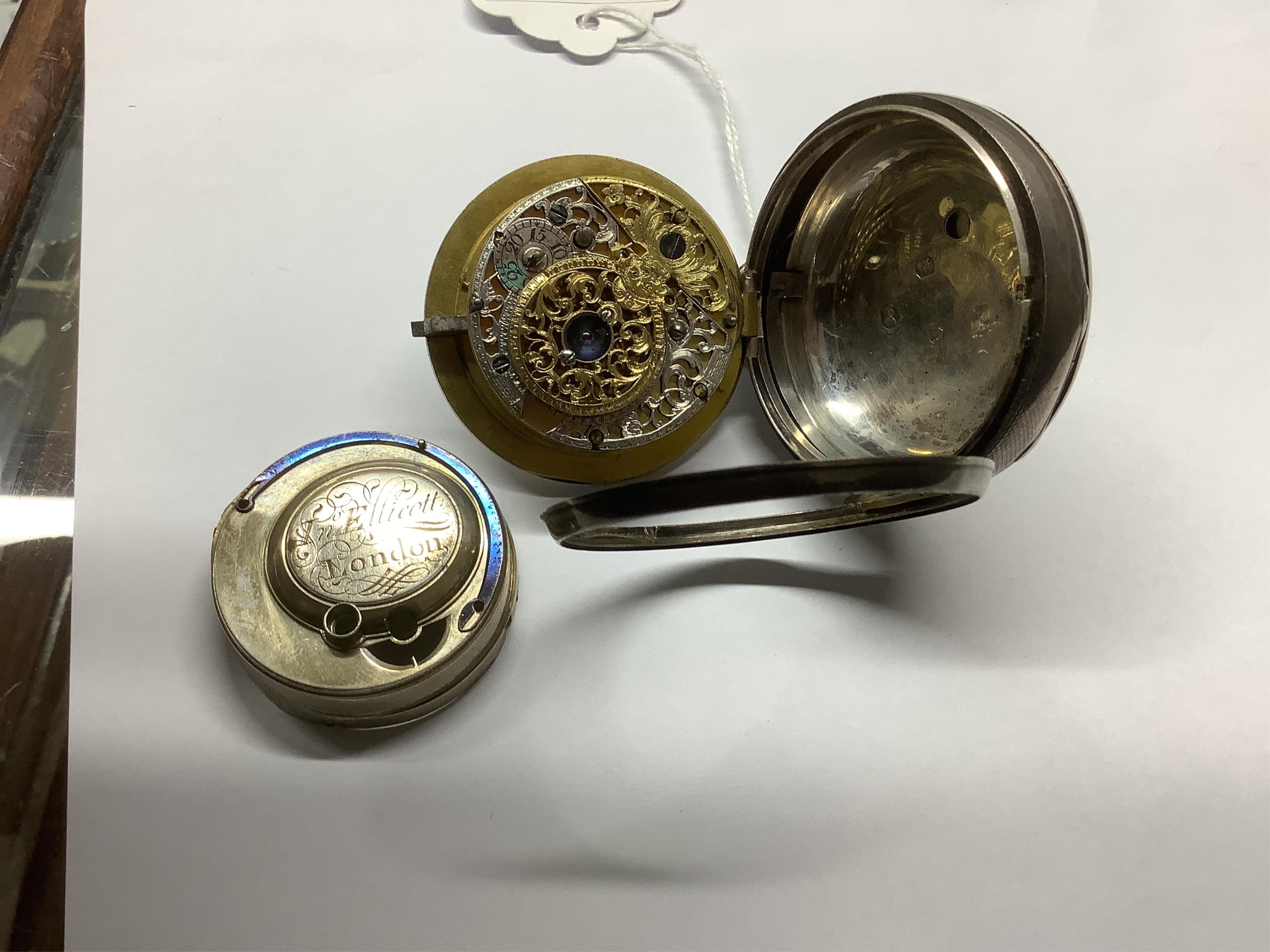 A Georgian silver open face key wind pocket watch, by Jno. Ellicott of London, lacking glass, case diameter 48mm. Condition - poor